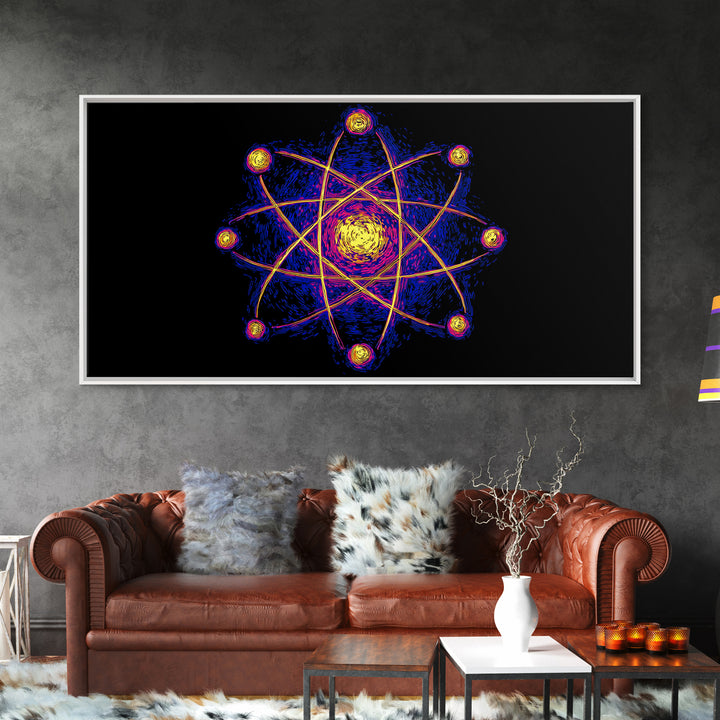 Neon Planet Atomic Canvas Print, Mid Century Modern Wall Art, Retro Sci Fi Space Poster, Cosmic Abstract MCM Office Decor