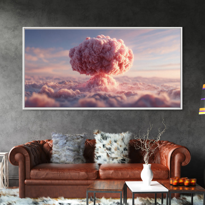 Pink Mushroom Cloud Wall Art, Surreal Sky Landscape, Modern Contemporary Decor, Pastel Statement Poster, Framed Canvas Print