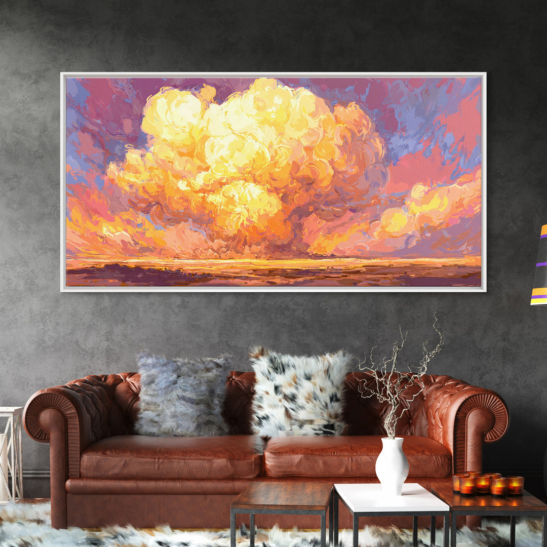 Glowing Desert Explosion Canvas Print, Retro Apocalypse Wall Art, Colorful Modern Art Poster, Dramatic Sunset Living Room Decor