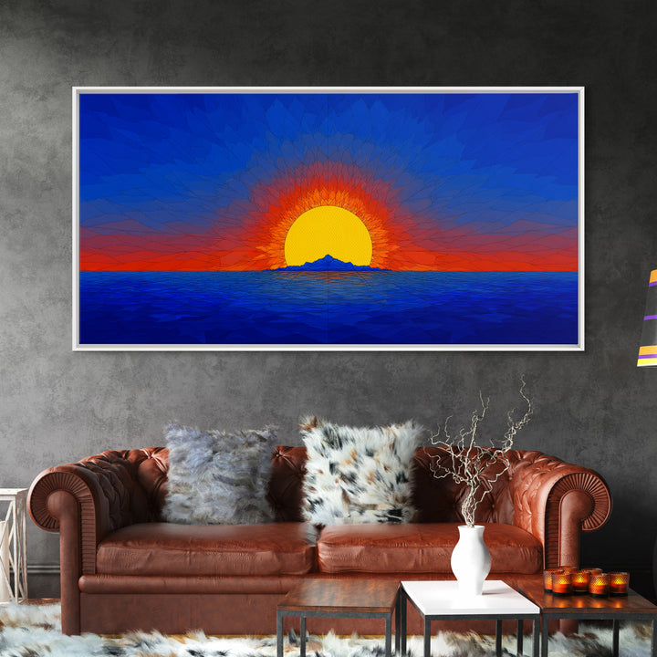 Geometric Ocean Sunset Wall Art, Mid Century Modern Landscape, Retro Sun Poster, Blue Orange Canvas Print For Coastal Decor