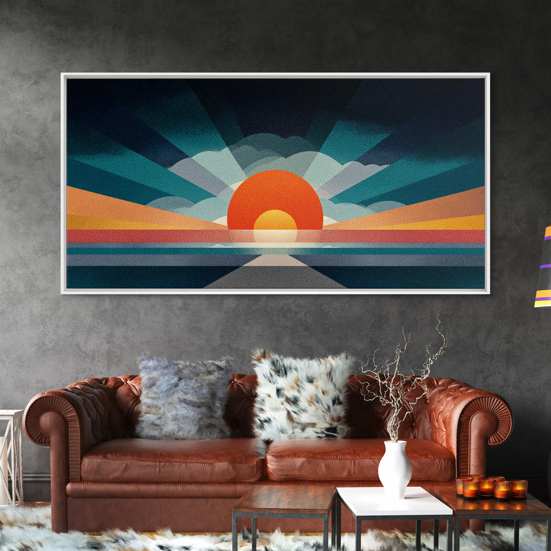 Retro Radiant Sunrise Wall Art, Mid Century Modern Geometric Poster, Abstract Desert Sun Canvas Print, Colorful Home Decor