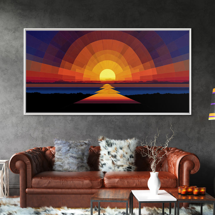 Geometric Sunset Over Ocean Path Wall Art, Mid Century Modern Abstract, Retro Sun Poster, Colorful Living Room Decor Print