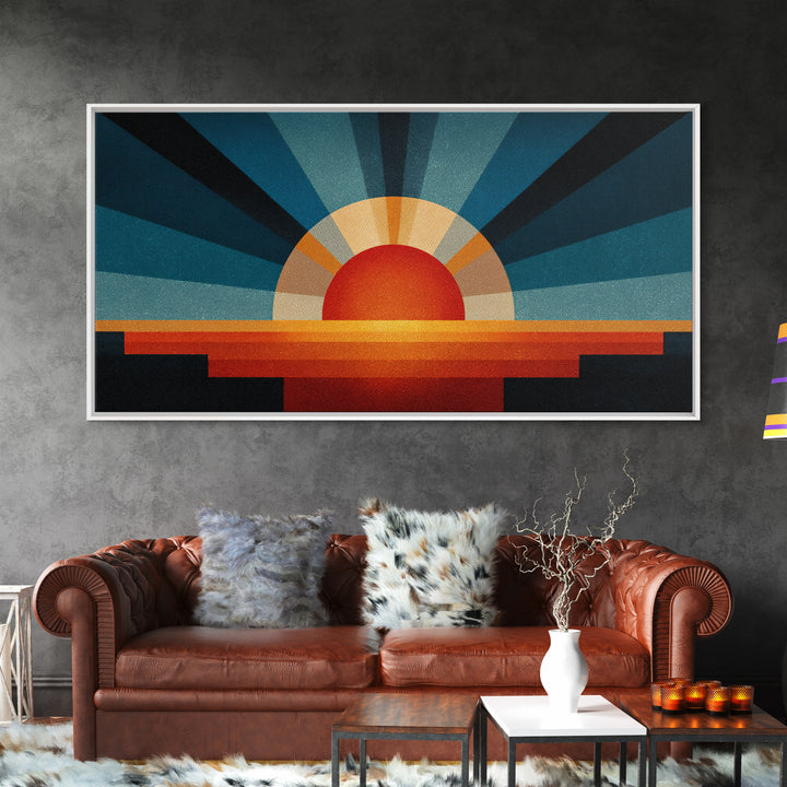 Textured Sun Rising Over Horizon Canvas Print, Mid Century Modern Abstract, Retro Wall Decor, Orange Blue Living Room Art