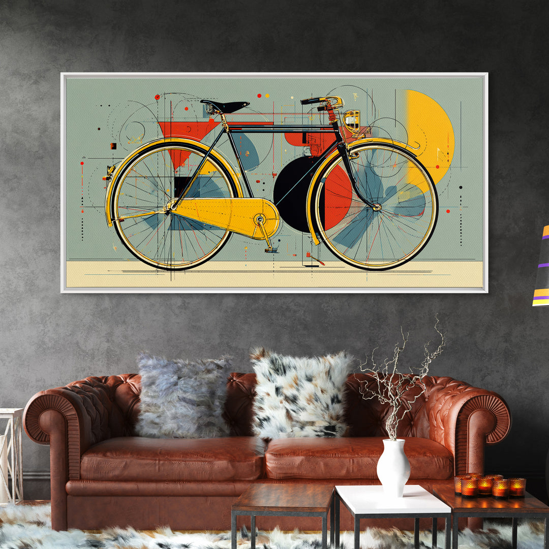 Classic City Bicycle With Abstract Circles Framed Canvas Print, Mid Century Modern Wall Art, Retro Bike Poster, Studio Decor