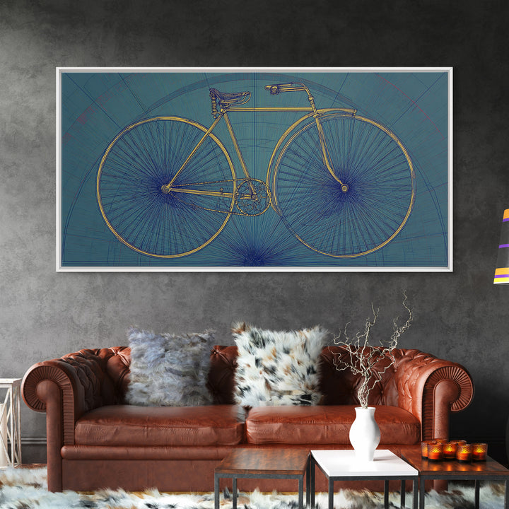 Technical Line Drawing Bicycle On Blue Framed Canvas Print, Mid Century Modern Art, Retro Cycling Poster, Home Office Decor