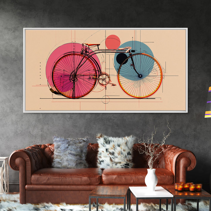 Retro Bicycle With Pink Blue Circles Canvas Print, Mid Century Modern Wall Art, Geometric Poster, Colorful Apartment Decor