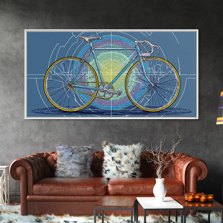 Touring Bicycle With Rainbow Circle Framed Canvas Print, Mid Century Modern Wall Art, Retro Cycling Poster, Blue Office Decor