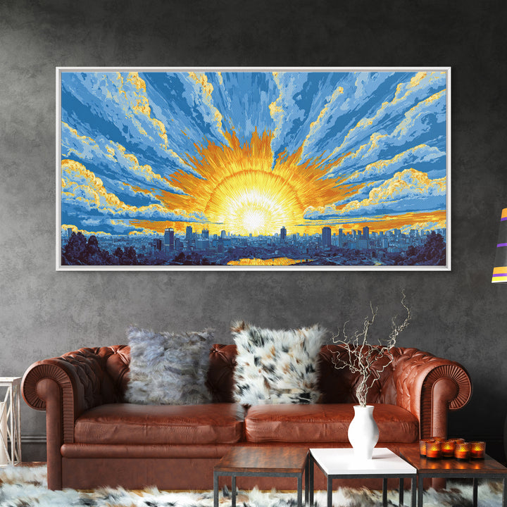Golden Sunrise City Skyline Wall Art, Blue Sky Urban Landscape Canvas Print, Modern Home Decor, Statement Living Room Art
