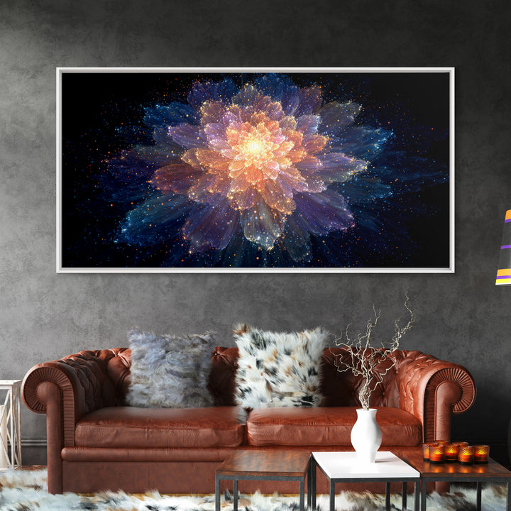 Glowing Cosmic Flower Canvas Print, Blue Orange Abstract Bloom, Spiritual Space Artwork, Modern Wall Art For Bedroom Decor