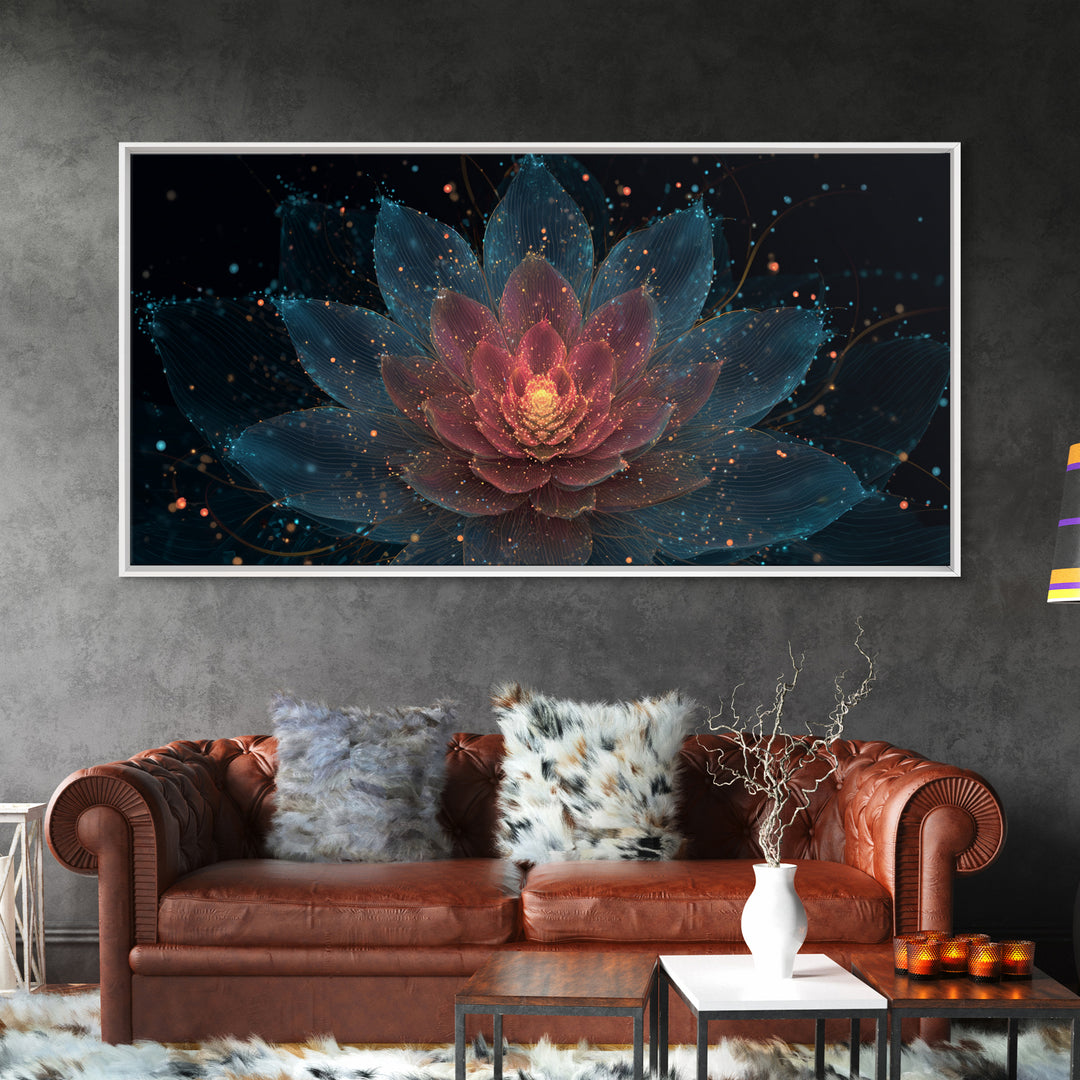 Teal Pink Lotus Canvas Print, Glowing Floral Mandala, Spiritual Abstract Art, Modern Wall Art, Yoga Decor For Meditation Room