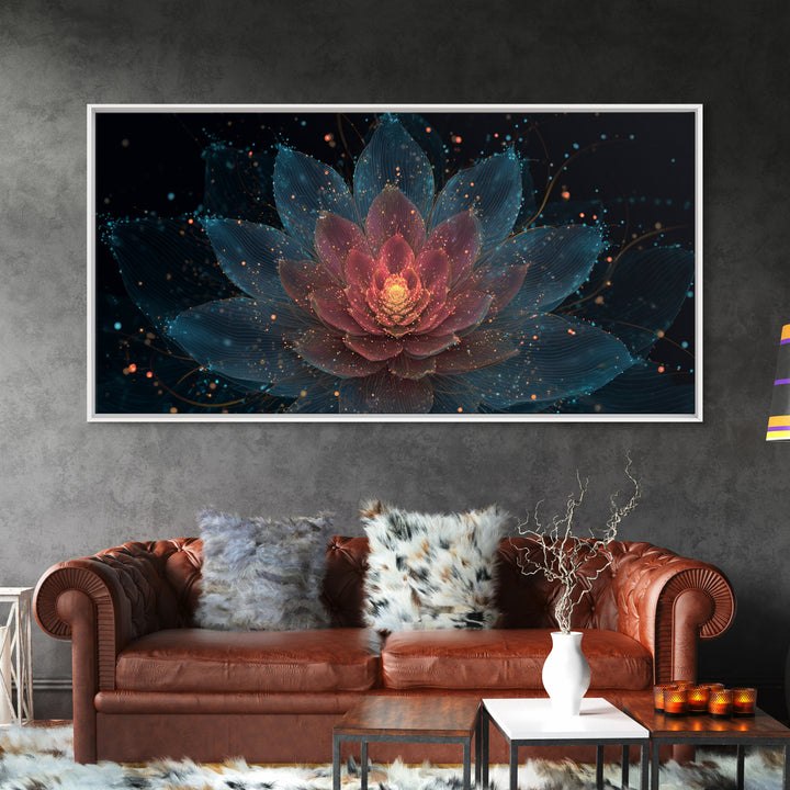 Teal Pink Lotus Canvas Print, Glowing Floral Mandala, Spiritual Abstract Art, Modern Wall Art, Yoga Decor For Meditation Room