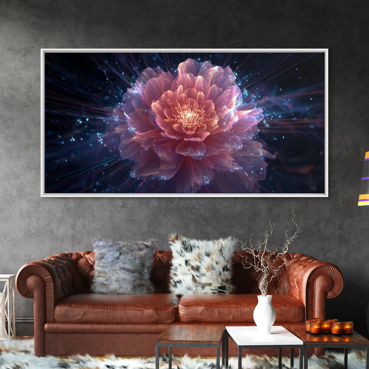 Radiant Pink Peony Canvas Print, Cosmic Floral Bloom, Blue Sparkle Abstract Art, Modern Wall Art For Bedroom And Living Room
