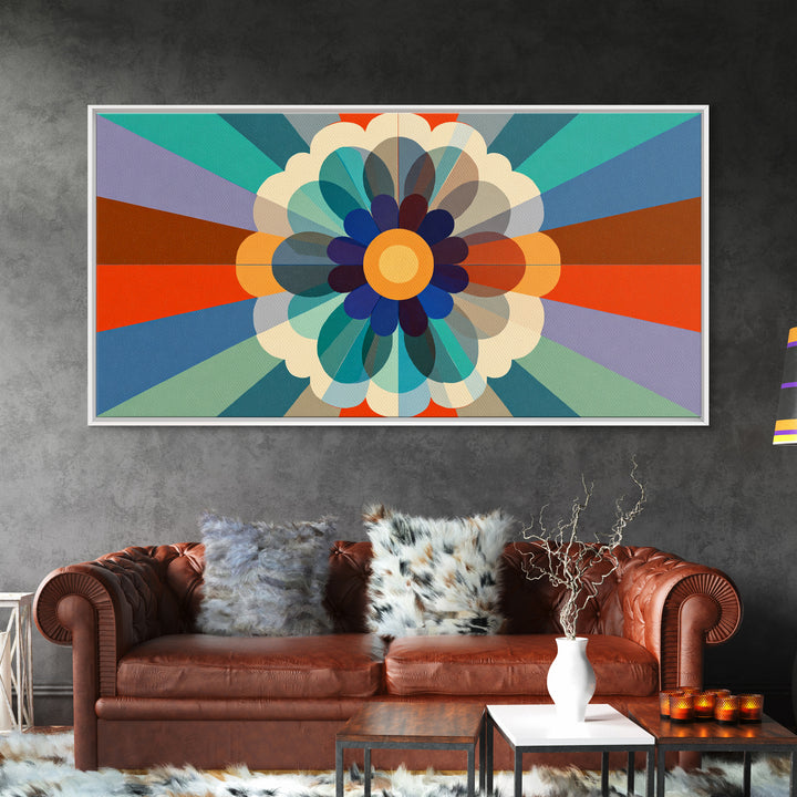 Retro Geometric Flower Wall Art, Colorful Mid Century Modern Radial Bloom, Bauhaus Poster, Bold Abstract Home Decor Print