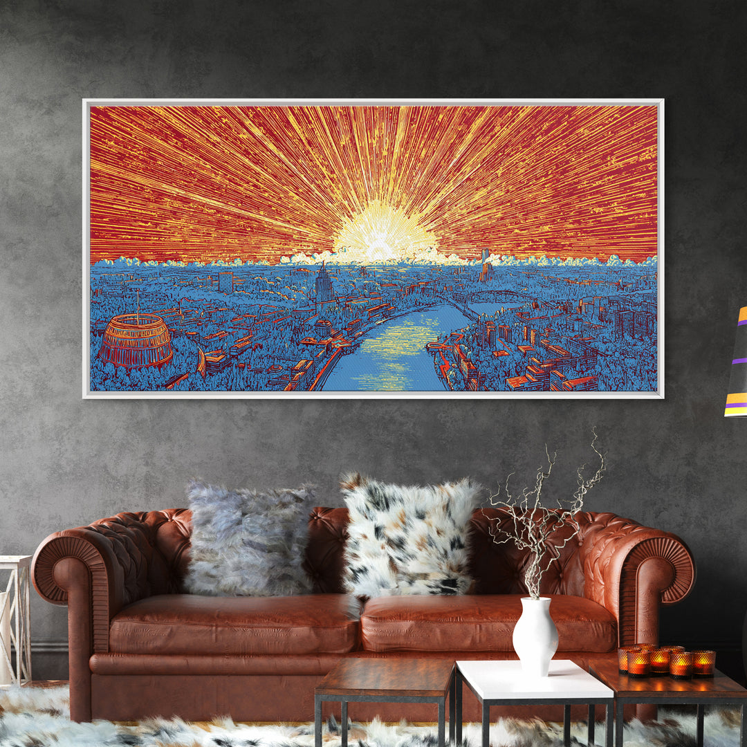 Orange Harbor Sunset Cityscape Wall Art, Blue Water Skyline Print, Retro Travel Poster, Modern Office Decor Canvas Print