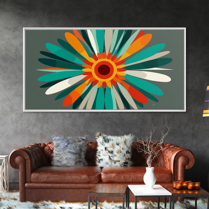 Teal Orange Atomic Flower Wall Art, Mid Century Modern Abstract Burst, Retro Geometric Poster, MCM Home Decor Canvas Print