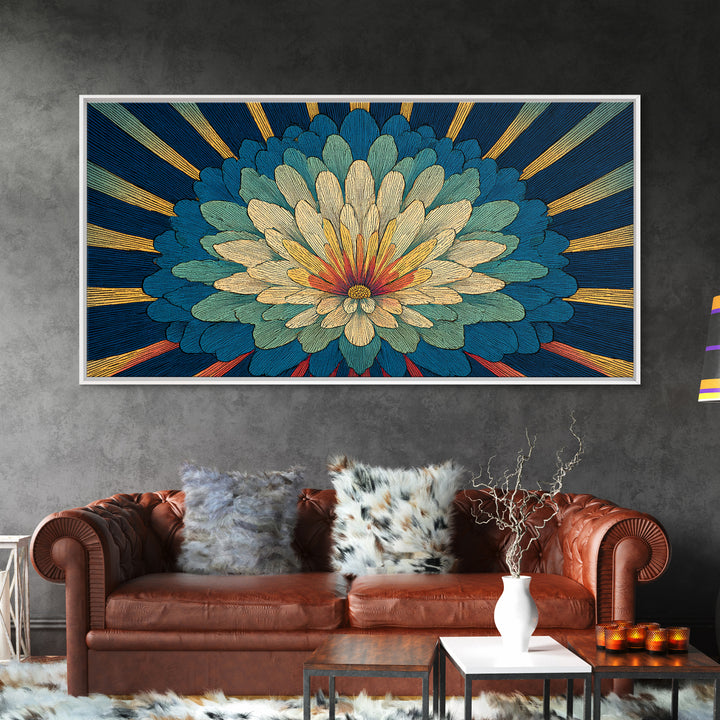 Teal Cream Radiant Flower Wall Art, Midcentury Modern Art Print, Art Deco Floral Decor, Retro Botanical Living Room Decor