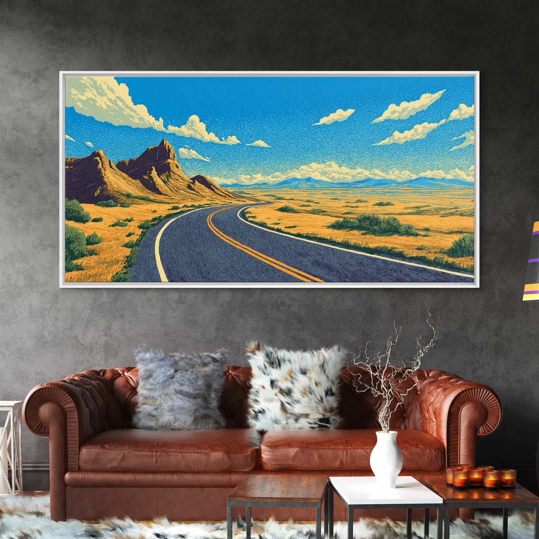 Open Road Mountain Wall Art, Midcentury Modern Landscape Print, Retro Travel Poster, Scenic Southwestern Home Office Decor