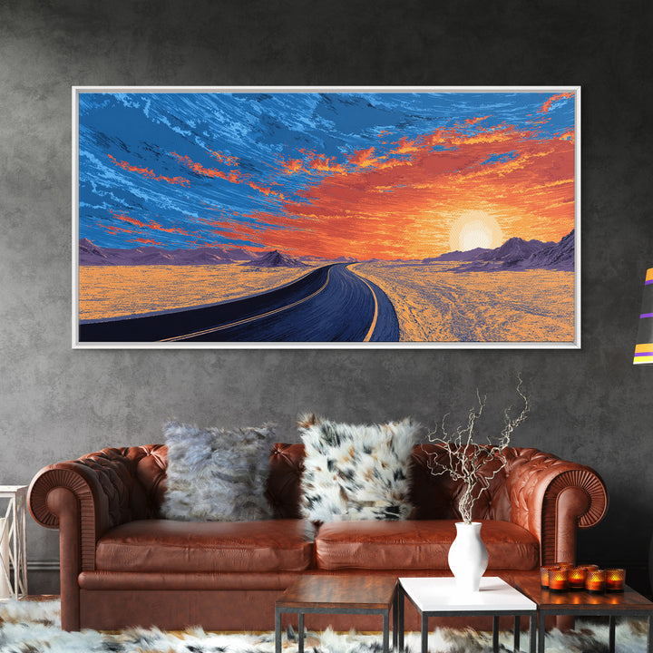 Sunset Highway Desert Wall Art, Midcentury Modern Landscape Print, Retro Travel Poster, Orange Blue Living Room Decor For Home