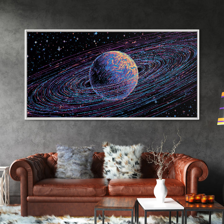 Ringed Planet Space Wall Art, Retro Sci Fi Canvas Print, Cosmic Abstract Art, Modern Digital Art Poster For Bedroom Decor