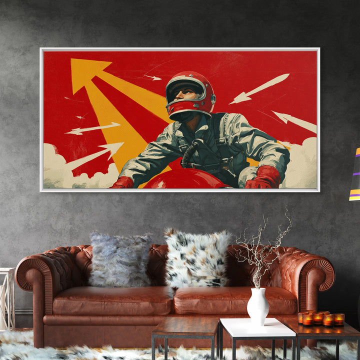 Retro Space Racer Canvas Print, Helmeted Pilot With Arrows Poster, Midcentury Modern Wall Decor, Bold Red Adventure Art Print