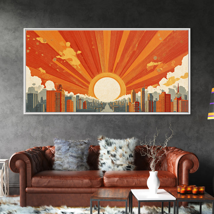 Giant Orange Sun Over City Wall Art, Midcentury Modern Skyline Print, Retro Urban Poster, Warm Home Office Decor Canvas Print