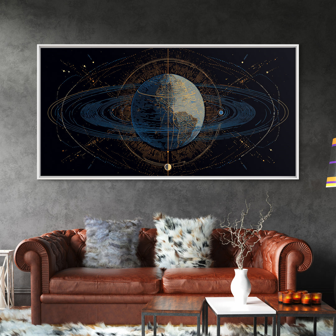 Celestial Planet Orbit Framed Canvas Print, Midcentury Modern Wall Art, Space Abstract Poster, Cosmic Retro Home Office Decor