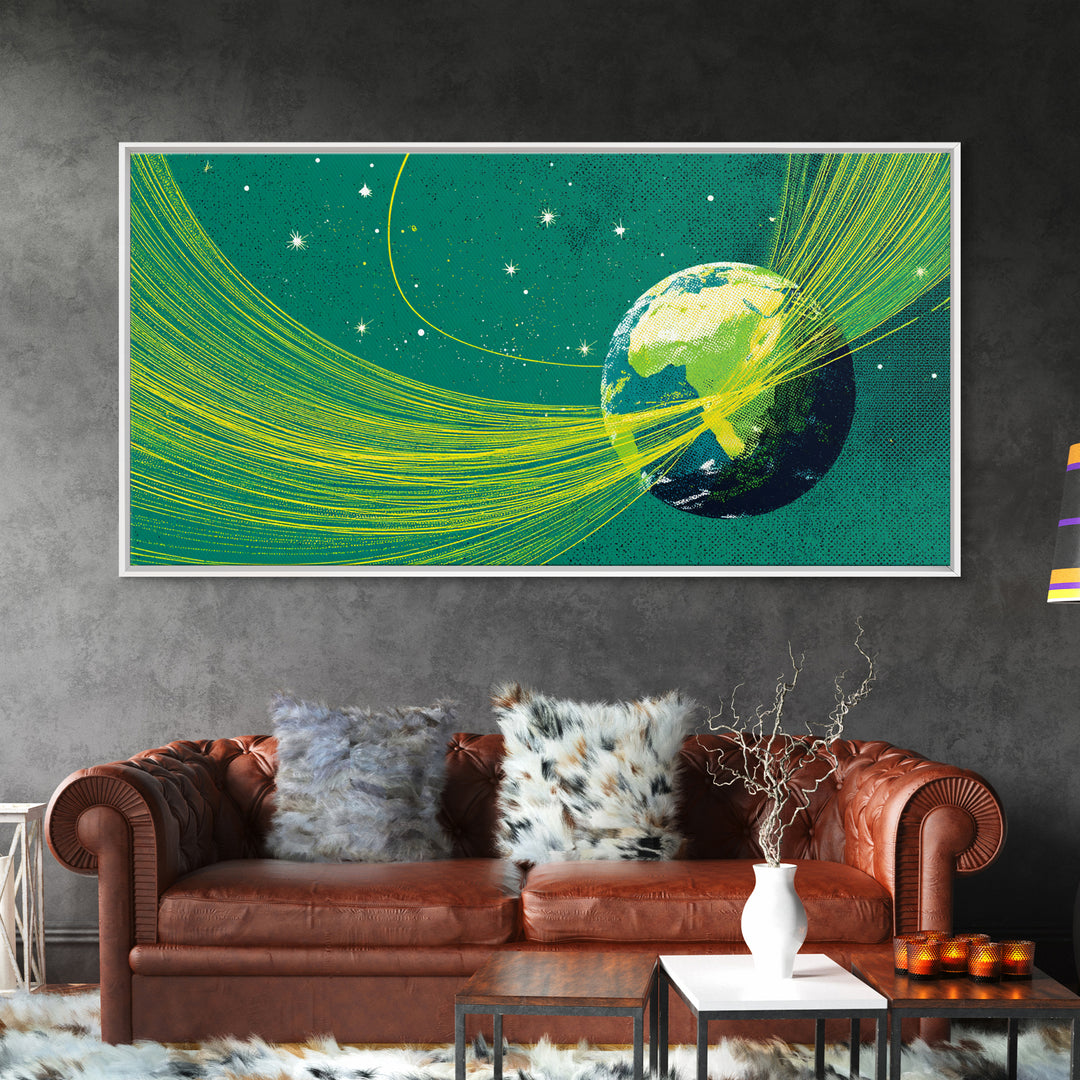 Green Earth Orbit Lines Canvas Print, Retro Space Abstract Wall Decor, Mid Century Modern Art, Cosmic Planet Living Room Decor