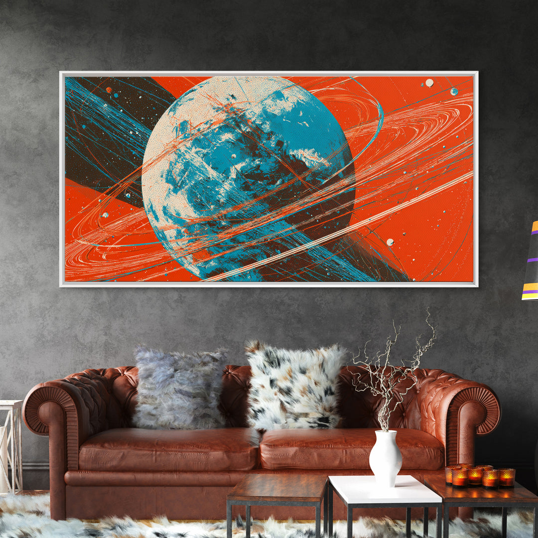 Orange Ringed Planet Canvas Print, Bold Retro Space Wall Art, Mid Century Modern Abstract Poster, Teal Blue Sci Fi Decor