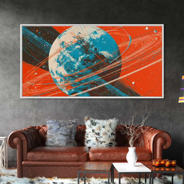 Orange Ringed Planet Canvas Print, Bold Retro Space Wall Art, Mid Century Modern Abstract Poster, Teal Blue Sci Fi Decor