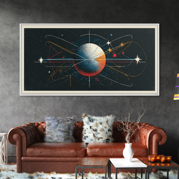 Atomic Orbit Sphere Wall Art, Mid Century Modern Abstract Space Poster, Geometric Planet Lines, Retro MCM Living Room Decor