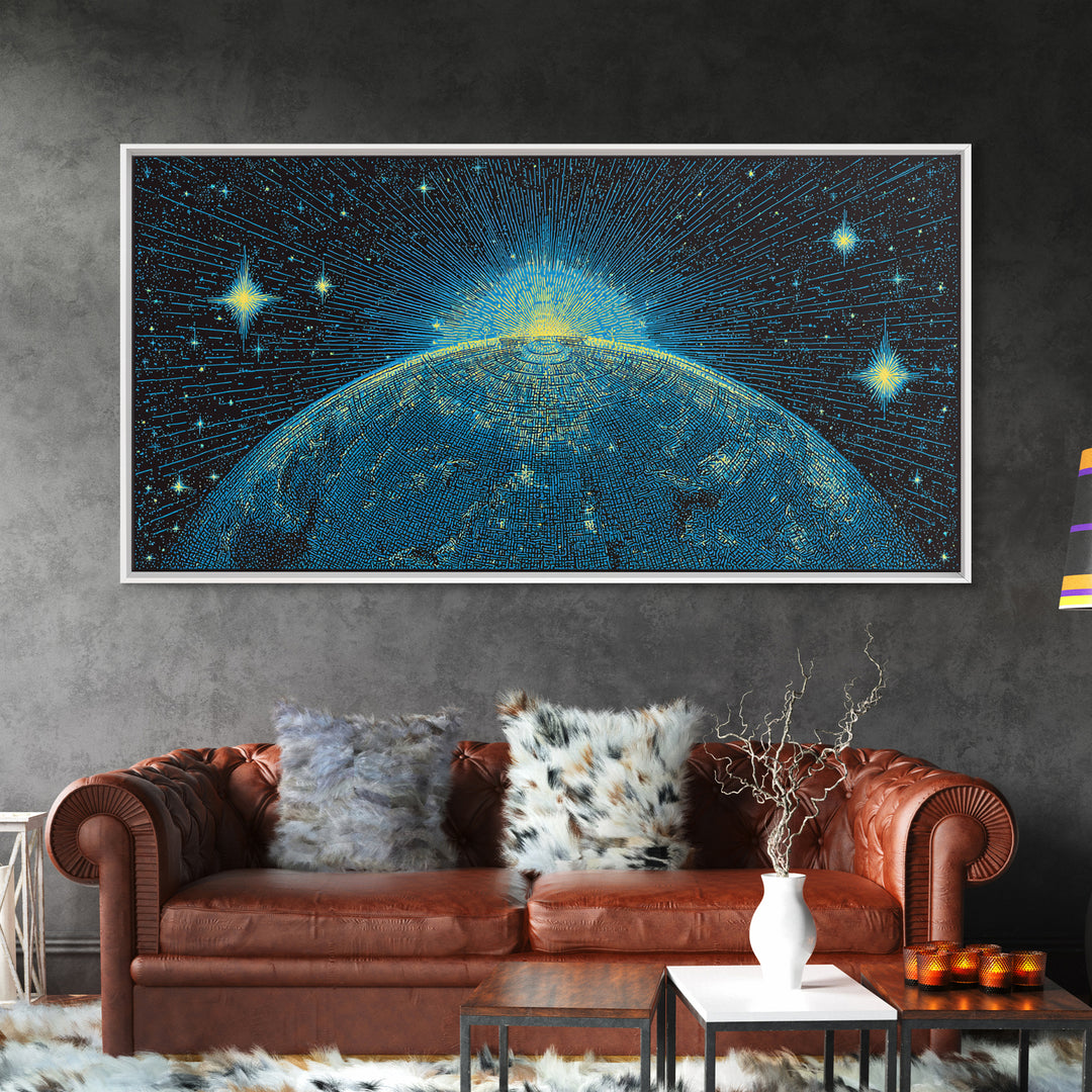 Blue Planet Horizon Canvas Print, Starburst Space Wall Art, Mid Century Modern Abstract Decor, Cosmic Sunrise Statement Poster