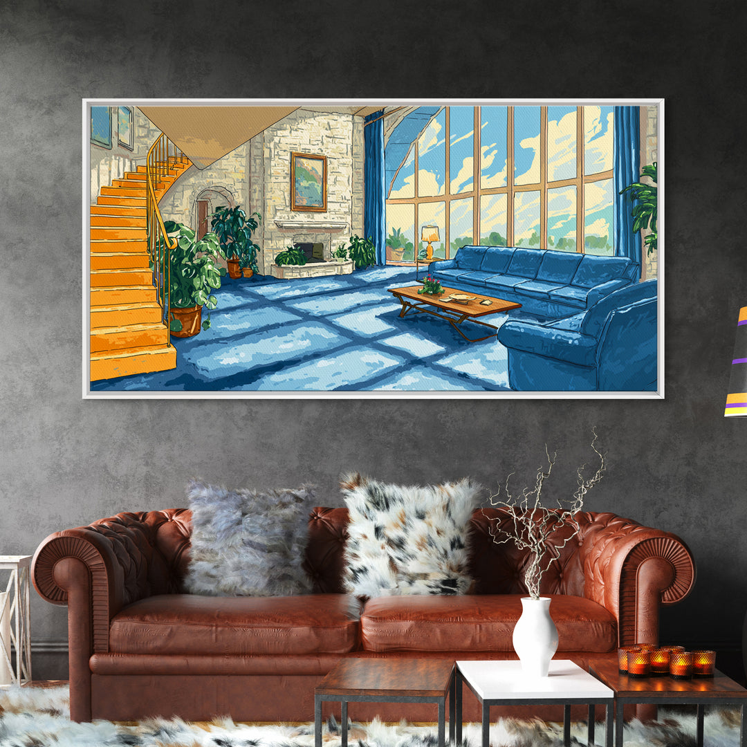 Sunlit Blue Sofa Loft Framed Canvas Print, Modern Wall Art, Airy Living Room Decor, Architectural Interior Poster, Home Office