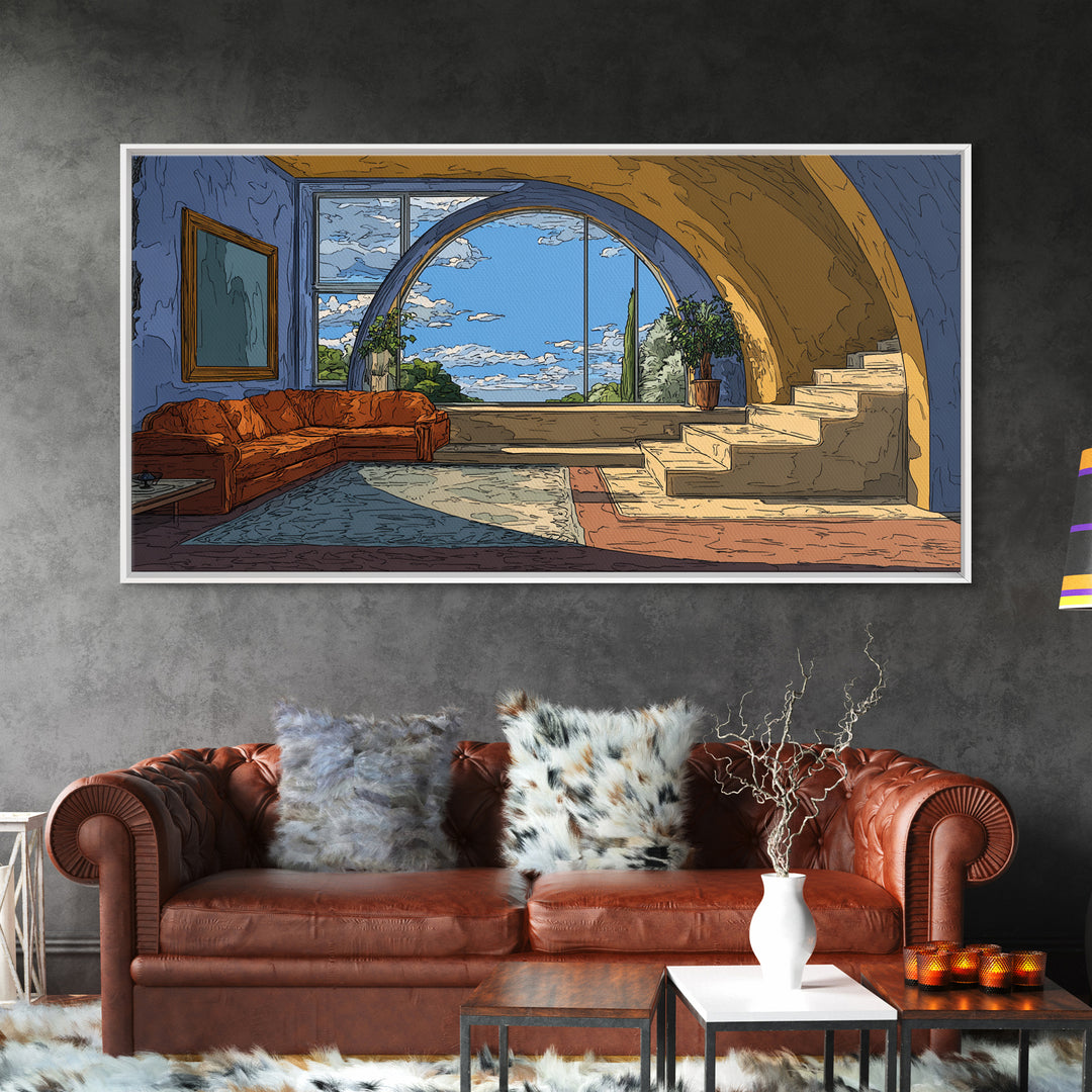 Arched Sea View Living Room Canvas Print, Mediterranean Modern Wall Art, Orange Sofa Coastal Decor, Scenic Interior Poster