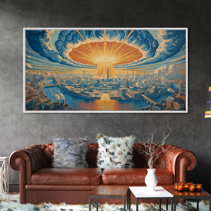 Radiant Futuristic City Sunrise Wall Art, Retro Sci Fi Skyline, Mid Century Modern Decor, Blue Orange Large Canvas Print