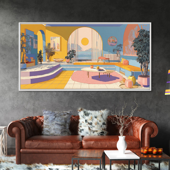 Pastel Ocean Sunroom Canvas Print, Colorful Modern Wall Art, Arch Window Coastal Decor, Retro Palm Springs Living Room Poster