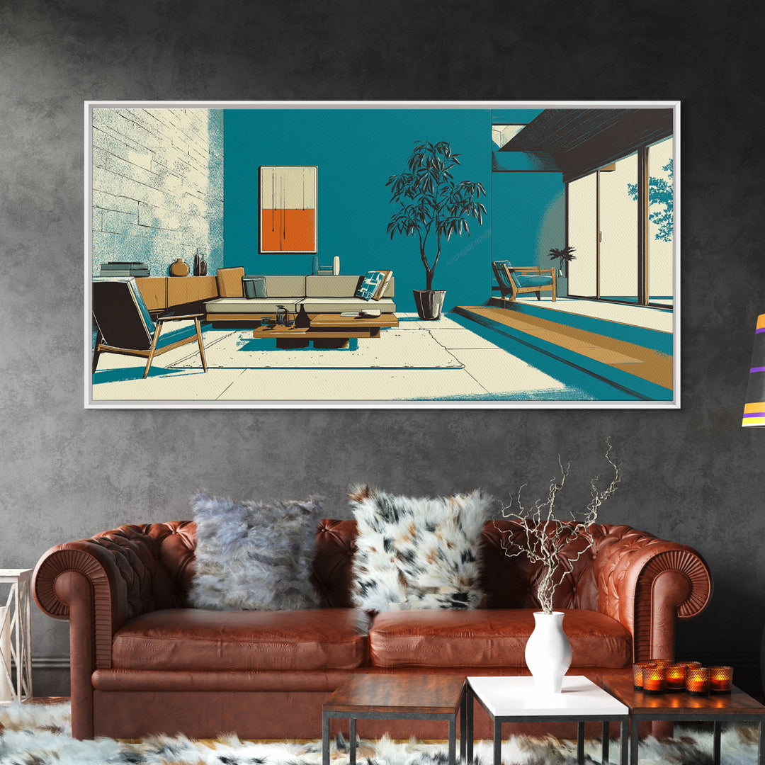 Teal Mid Century Living Room Wall Art, Midcentury Modern Decor, MCM Artwork, Retro Interior Print, Large Canvas Poster Home Decor
