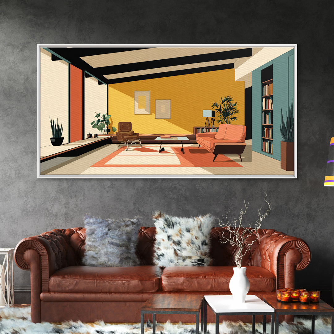 Mustard Orange Mid Century Lounge Wall Art, Midcentury Modern Decor, MCM Artwork, Retro Interior Print, Large Canvas Poster, Home Decor