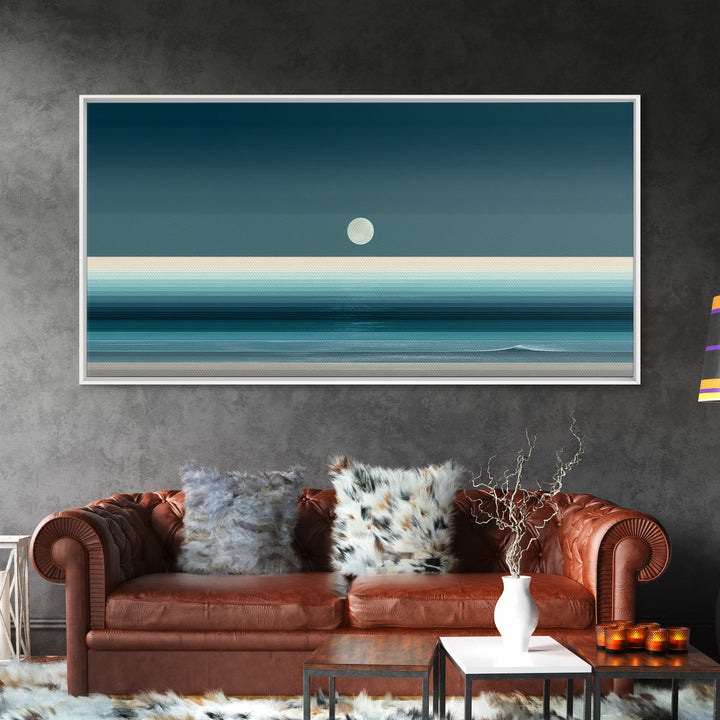 Minimal Moon Over Teal Ocean Canvas Print, Coastal Night Seascape, Modern Wall Art, Blue Horizontal Landscape Decor, Bedroom Art Prints