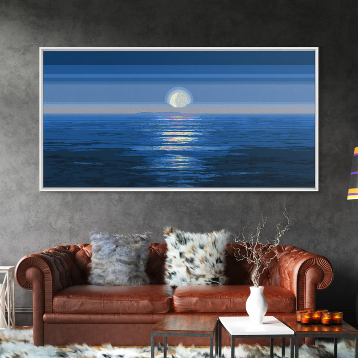 Blue Full Moon Ocean Framed Canvas Print, Coastal Seascape Wall Art, Modern Home Decor, Peaceful Bedroom Art Prints, Large Wall Decor