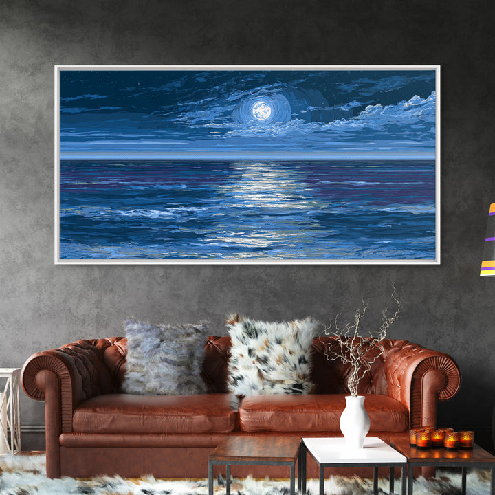 Starry Moonlit Ocean Framed Canvas Print, Dramatic Blue Seascape Wall Art, Coastal Night Decor, Modern Bedroom Art Prints