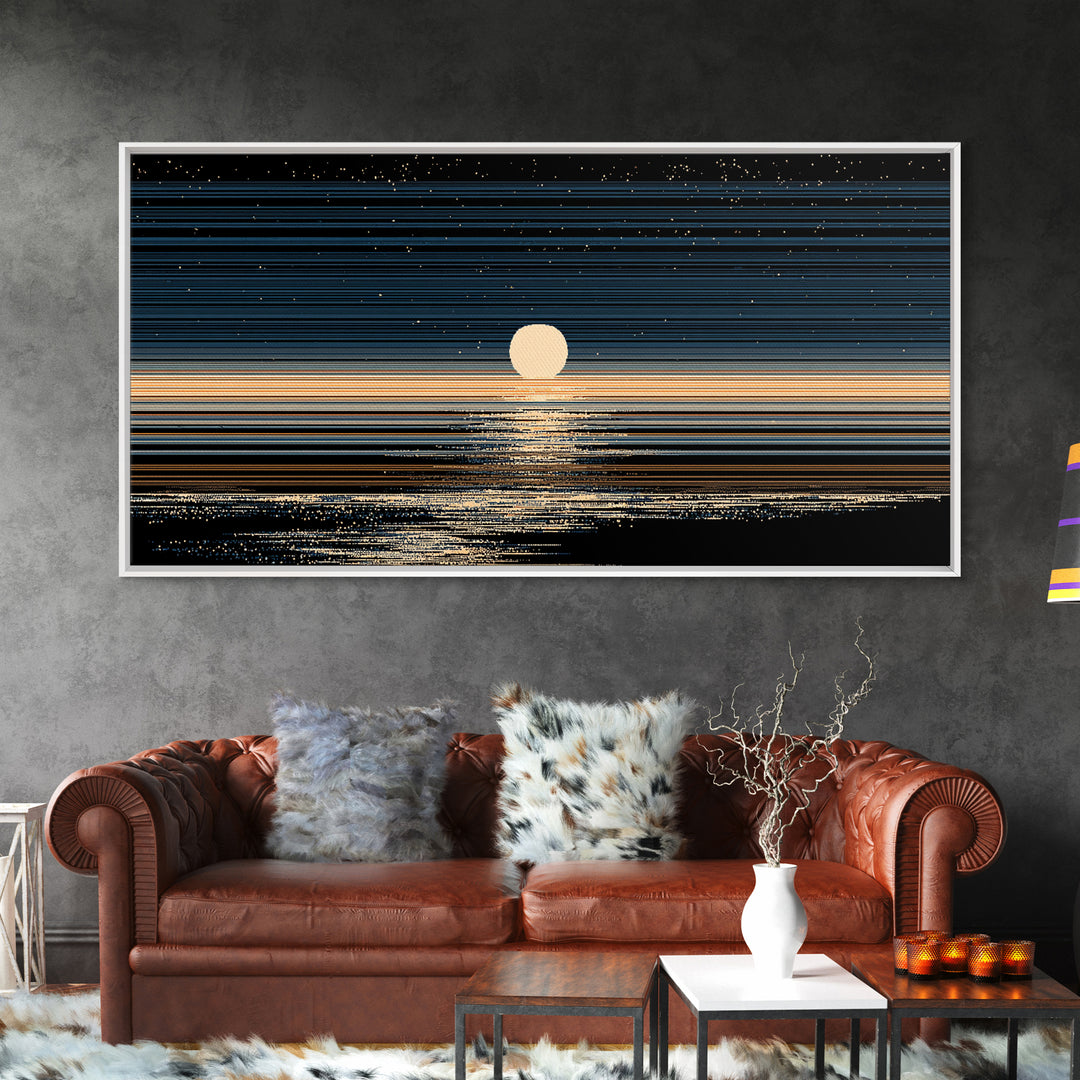 Golden Moon Horizon Ocean Canvas Print, Starry Night Seascape Wall Art, Modern Coastal Decor, Blue Black Bedroom Art Prints