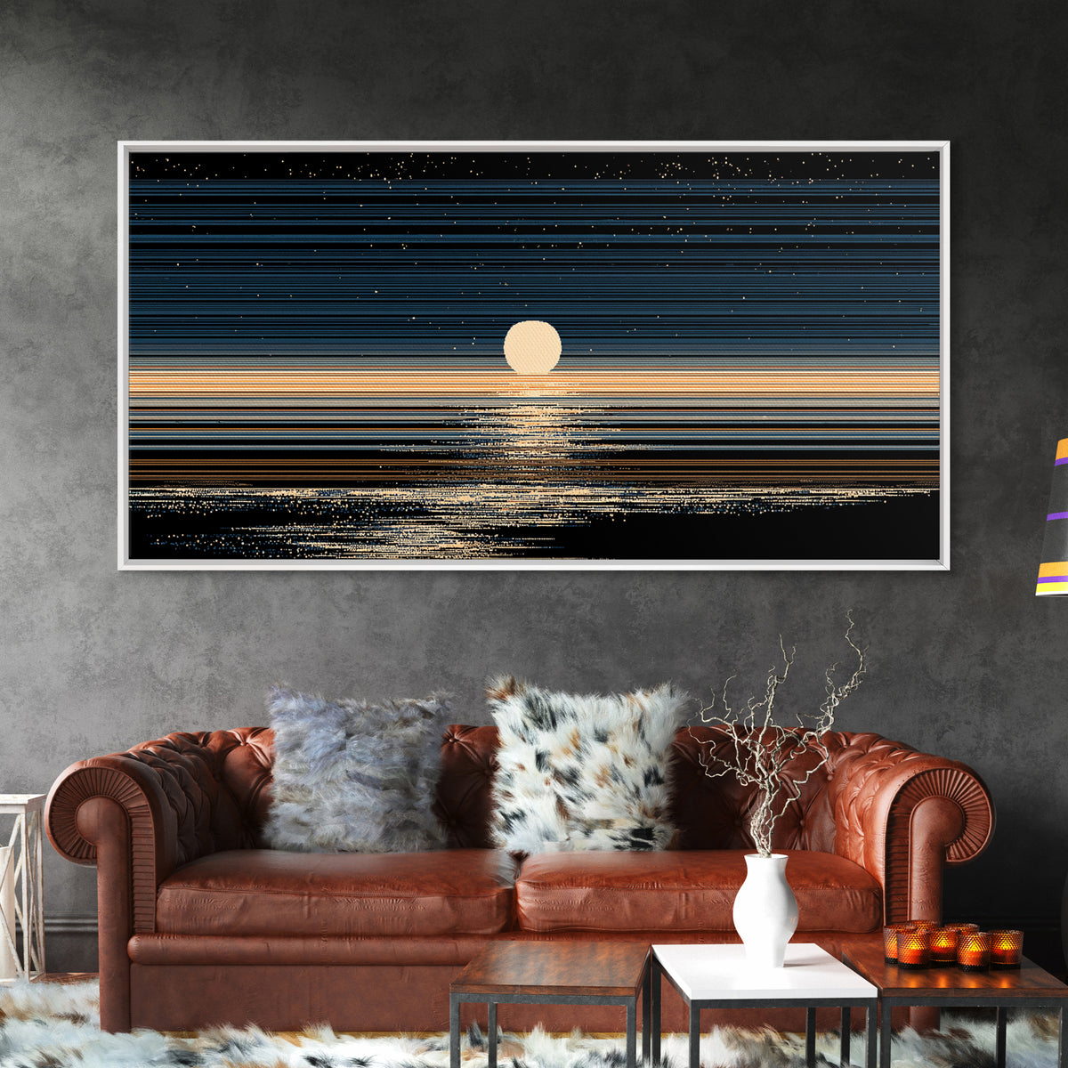 Golden Moon Horizon Ocean Canvas Print, Starry Night Seascape Wall Art, Modern Coastal Decor, Blue Black Bedroom Art Prints