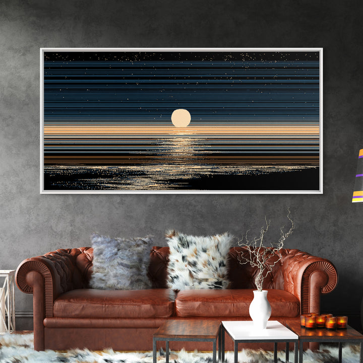 Golden Moon Horizon Ocean Canvas Print, Starry Night Seascape Wall Art, Modern Coastal Decor, Blue Black Bedroom Art Prints