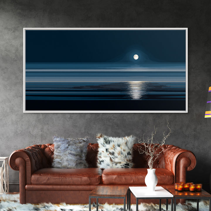 Quiet Moon Over Dark Ocean Canvas Print, Minimal Blue Seascape Wall Art, Modern Coastal Decor, Peaceful Bedroom Art Prints