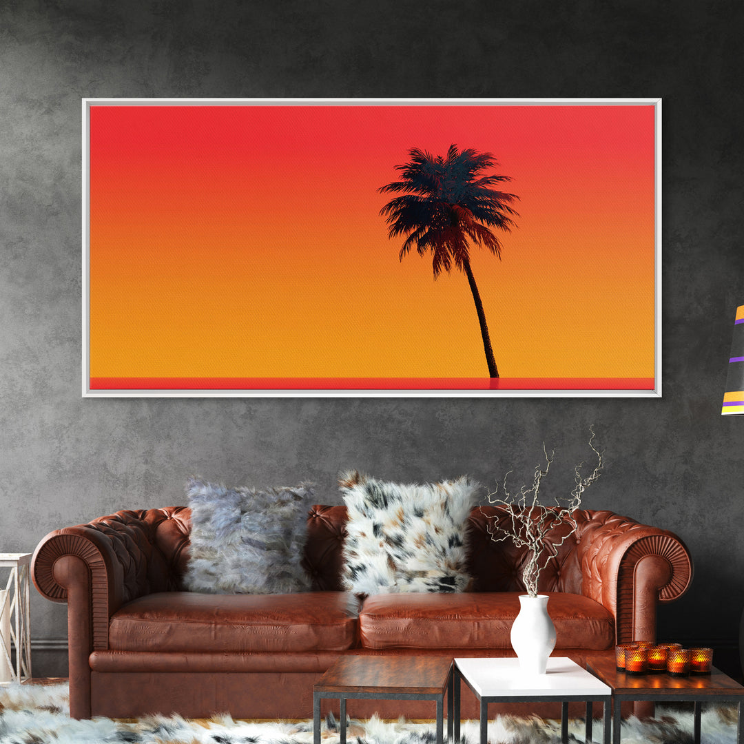 Black Palm Silhouette Sunset Wall Art, Orange Red Tropical Landscape, Retro California Poster, Modern Home Decor Canvas Print