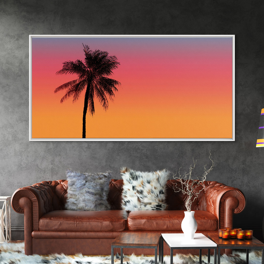 Pink Orange Palm Sunset Wall Art, Tropical Silhouette Landscape, Retro California Poster, Modern Home Decor Canvas Print