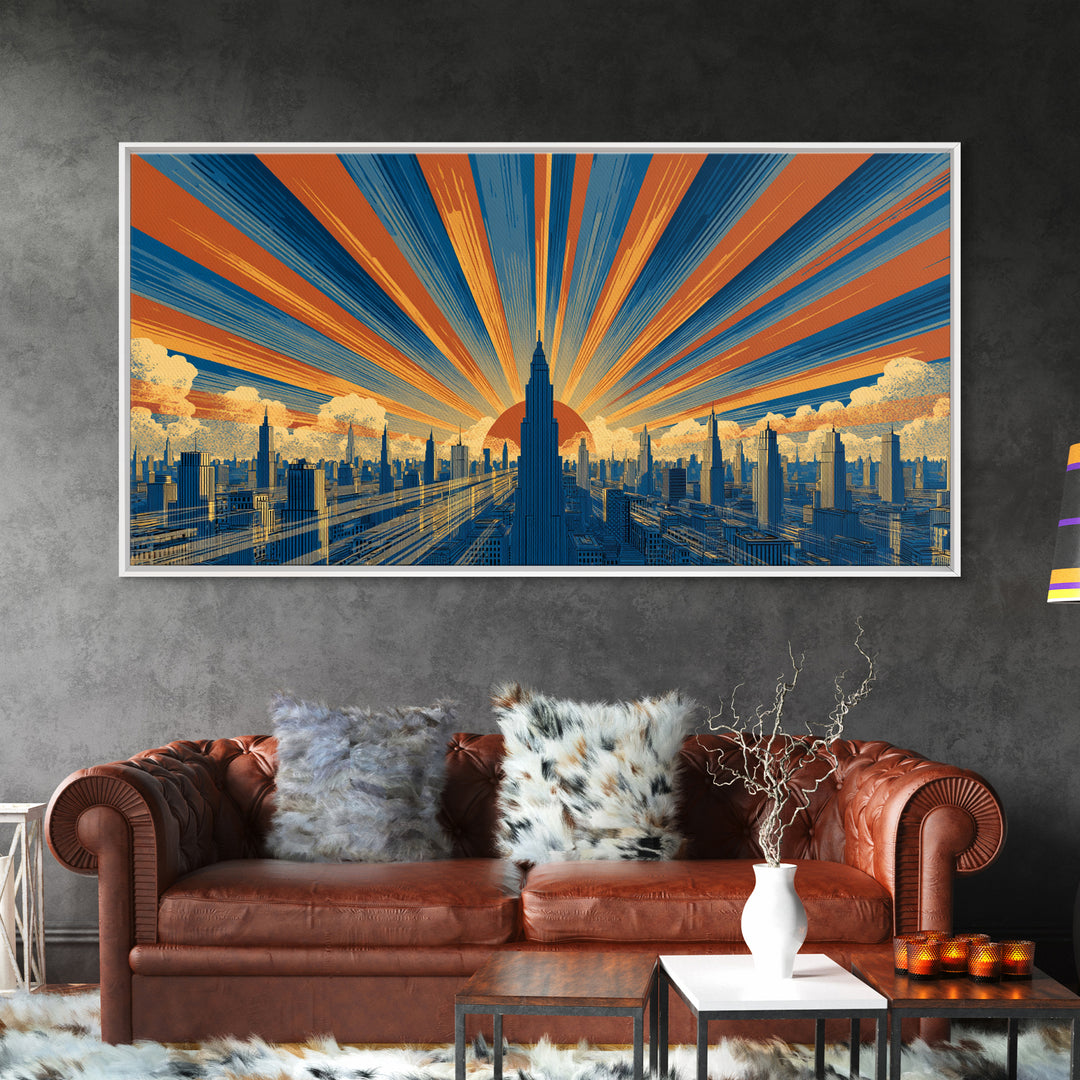 Art Deco Futuristic Skyline Framed Canvas Print, Retro Sci Fi Cityscape, Mid Century Modern Wall Decor, Blue Orange Poster