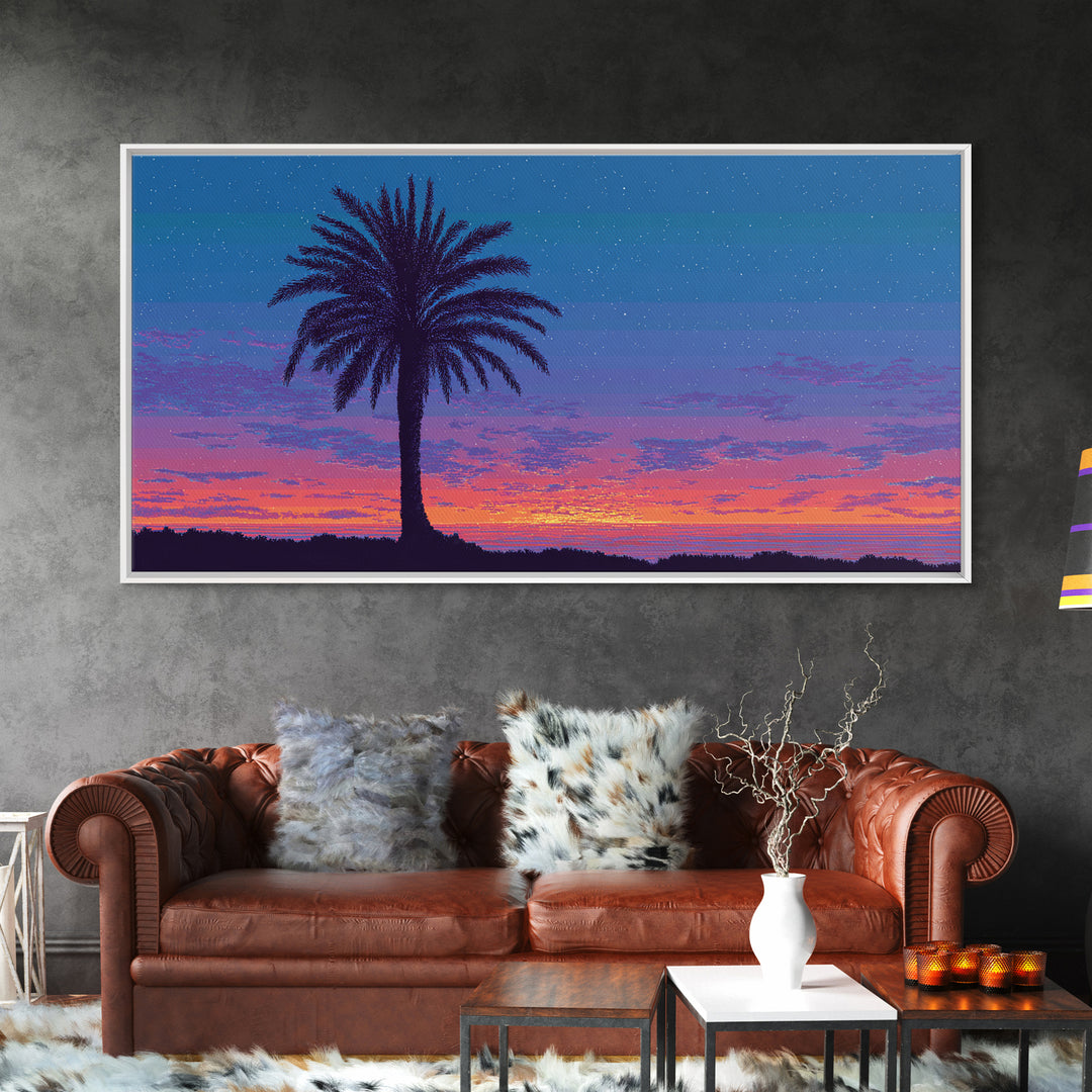 Starry Twilight Palm Tree Wall Art, Purple Blue Tropical Sunset, Retro California Poster, Modern Home Decor Canvas Print