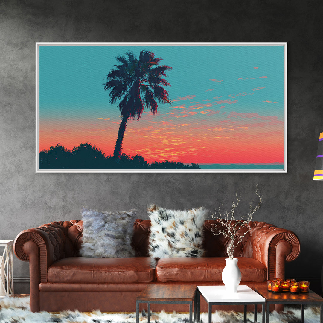 Leaning Palm Coral Sunset Canvas Print, Retro Tropical Landscape, Midcentury Wall Art, Palm Springs Decor, Coastal Poster Print