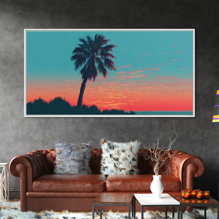 Leaning Palm Coral Sunset Canvas Print, Retro Tropical Landscape, Midcentury Wall Art, Palm Springs Decor, Coastal Poster Print